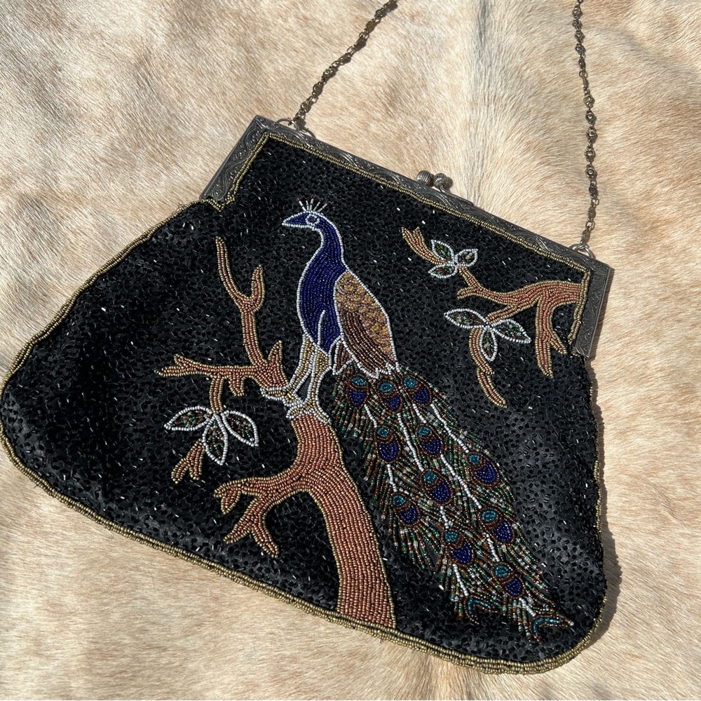 Antique Vintage Art Deco Large Beaded Sequin Peacock Long Chain Shoulder Bag